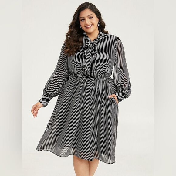 Bloomchic Striped Knot Neck Midi Dress Black - Picture 1 of 8